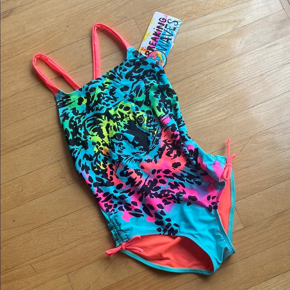Breaking Waves Girls 14 Neon Leopard One Piece Swimsuit UPF 50 NWT